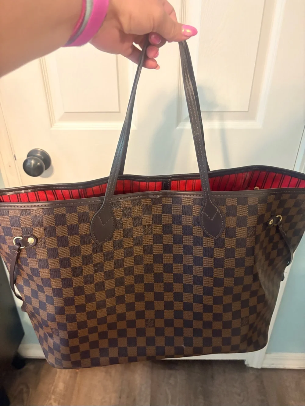 Designer-Style Brown Checkered Tote Bag with Red Interior